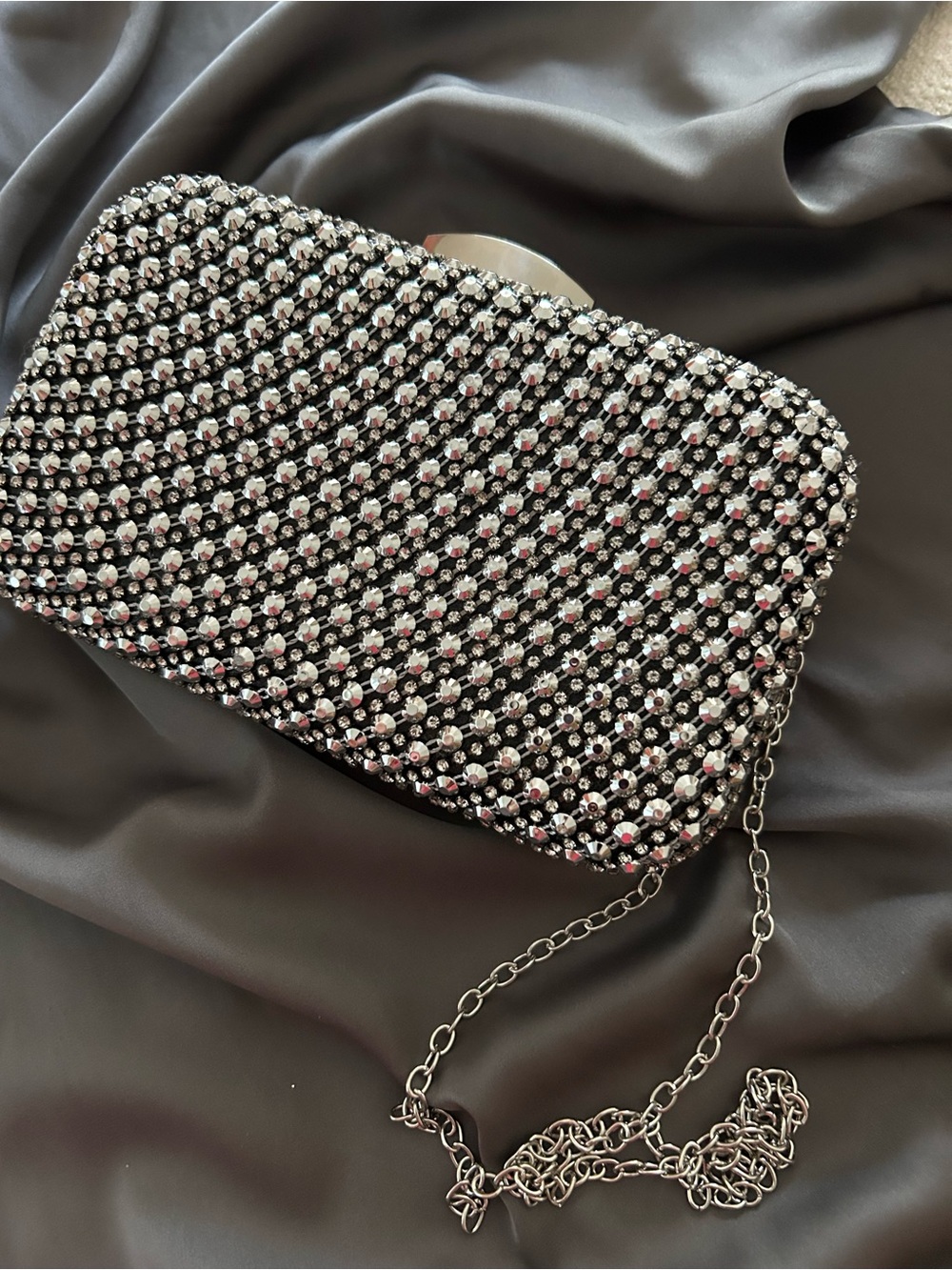Crystal-Studded Black Evening Clutch with Chain Strap
